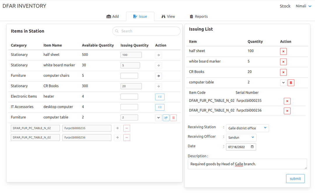 screenshot showing DFAR Inventory web app